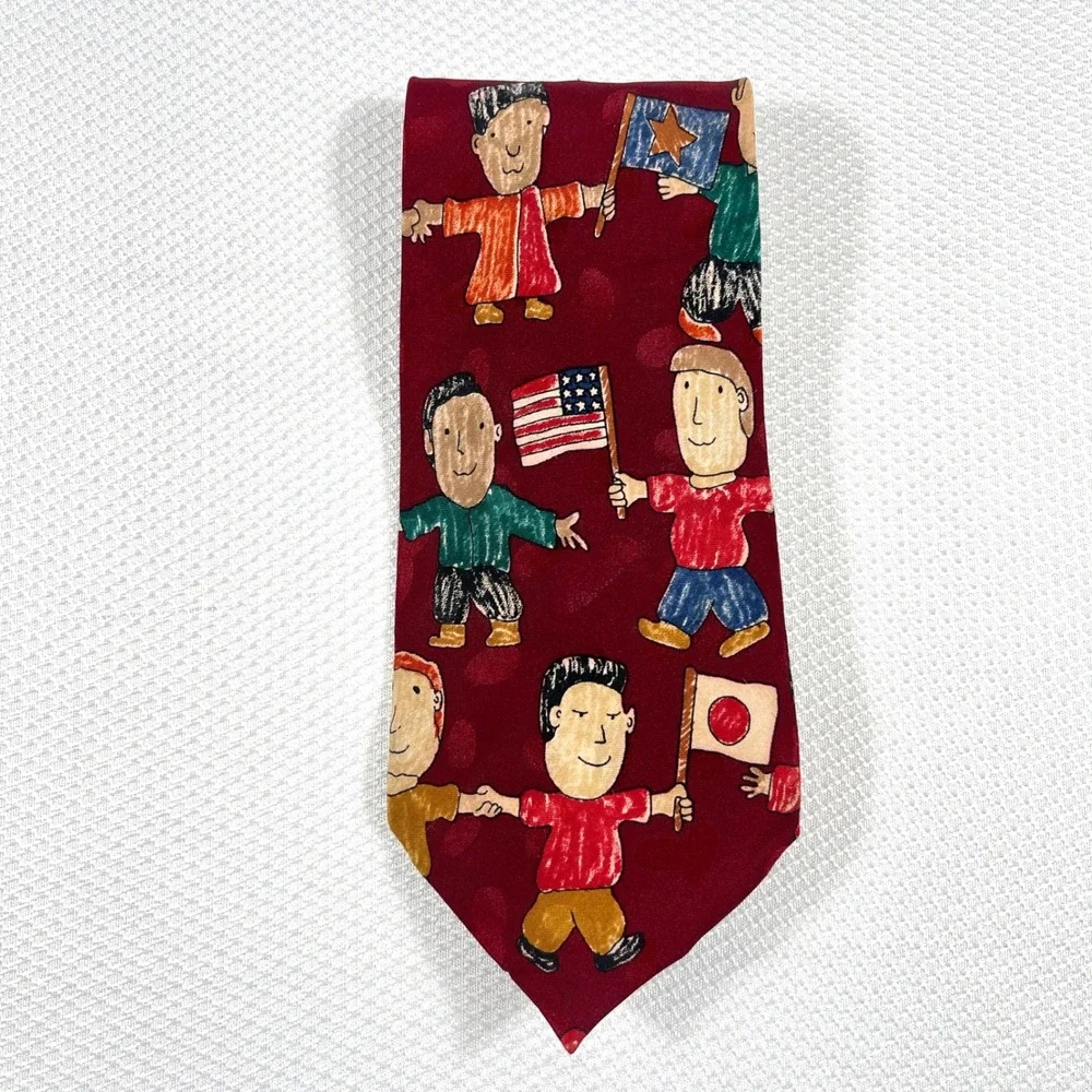 Renaissance‎ Handmade Silk Tie Burgundy Red Children Around the World Novelty